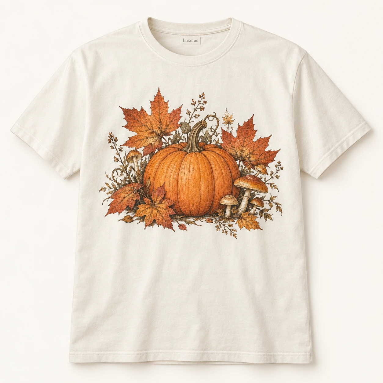 Bone white Haunted Harvest Tee, Pumpkins, autumn leaves and mushrooms