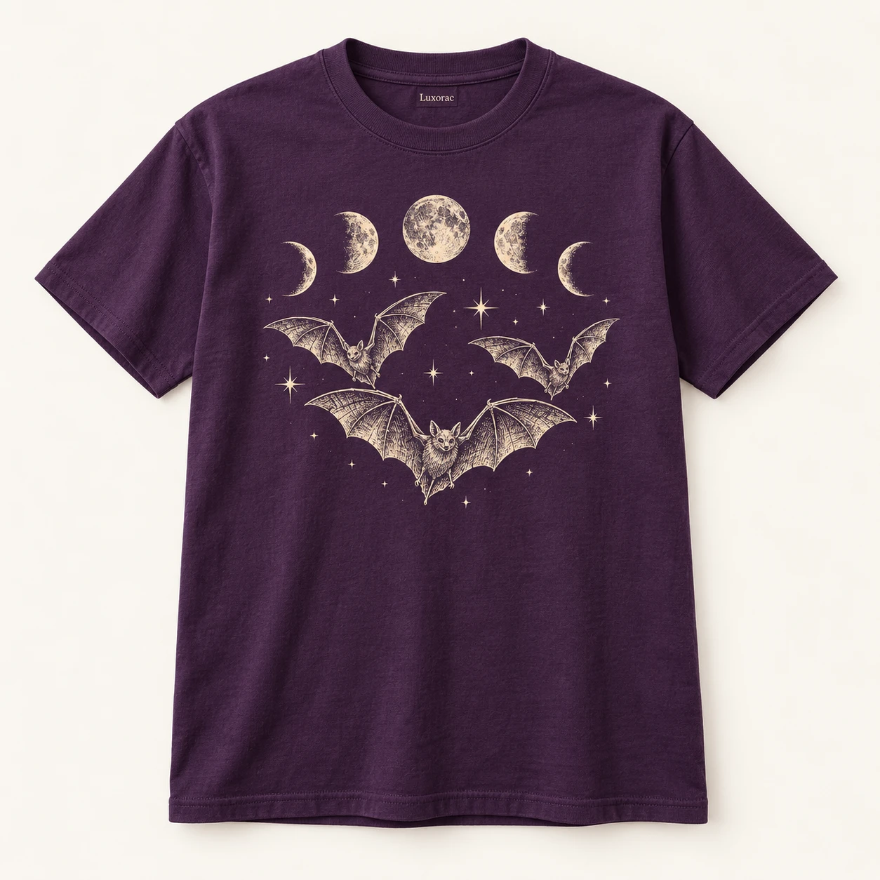 Deep purple Moonlit Flight Tee, Bats and cream moon phases