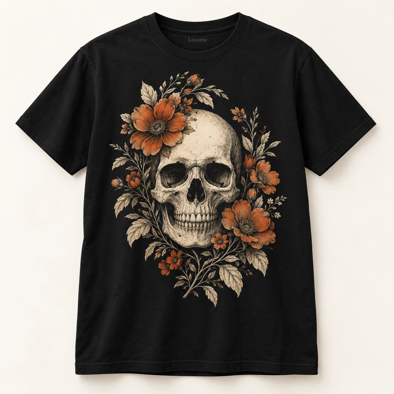 Black Skeleton Bloom Tee, Cream skull and orange flowers